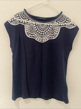 Tommy Hilfiger Navy And White Lace Detail Navy/White Short Sleeve Top M (Est).